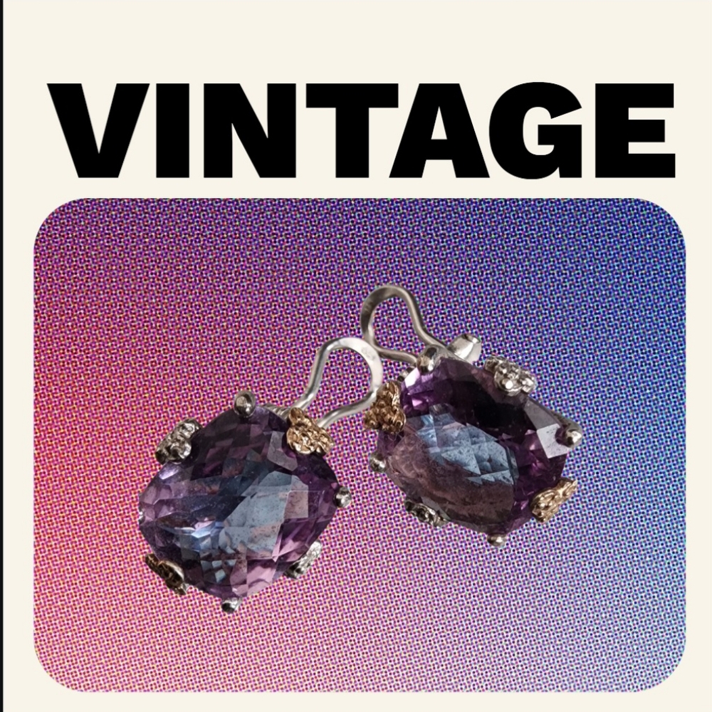 Vintage 14k/Silver Two-Tone Sterling Silver w/14k 14kt Amethyst Earrings